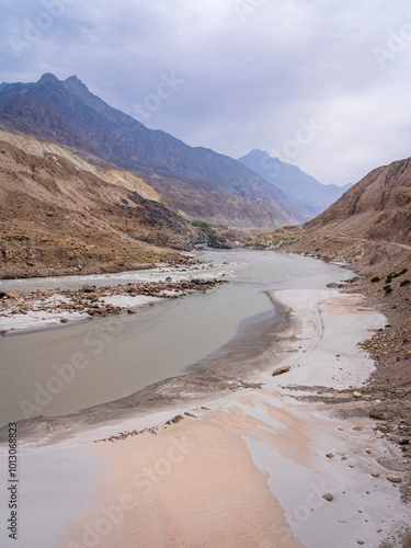 Vertical landscape view of Indus river valley near Chilas, Diamer, Gilgit-Baltistan, Pakistan photo