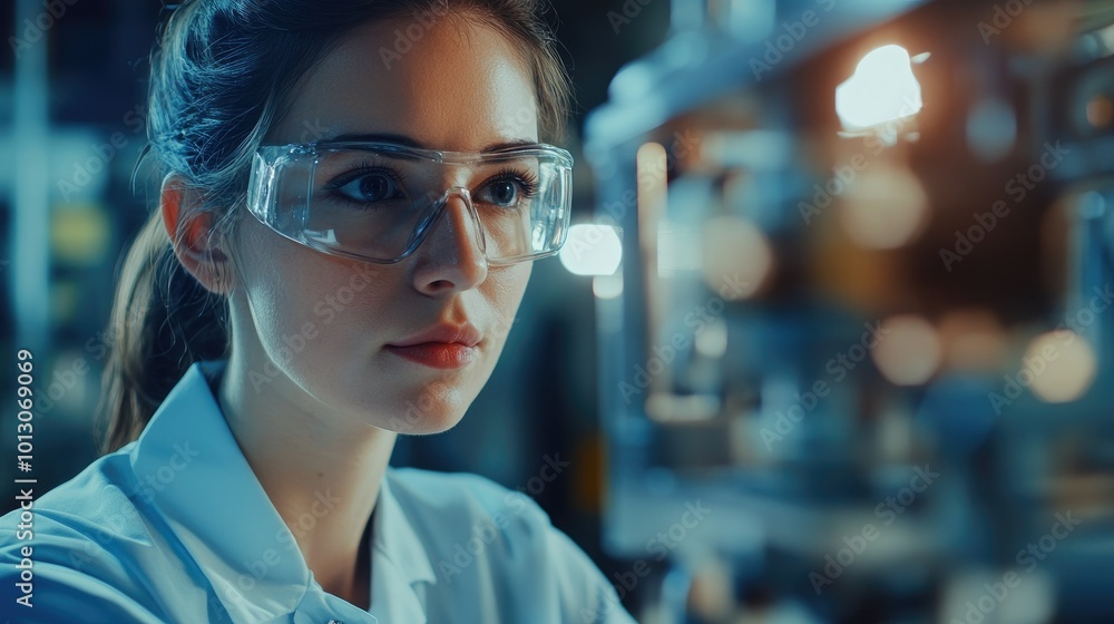 Female Engineer Inspecting Machine in Laboratory Setting Female Engineer Inspecting Machine in Laboratory Setting