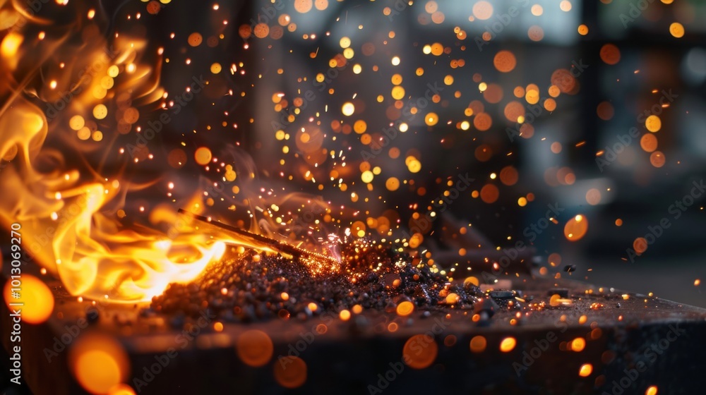 Sparks Fly from a Metal Rod in a Forge