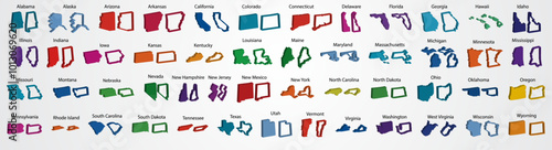 3D USA 50 States Icon, also includes New York, Pennsylvania, Rhode Island, South Carolina, South Dakota, Tennessee, Texas, Vector outline of 50 states with their names
