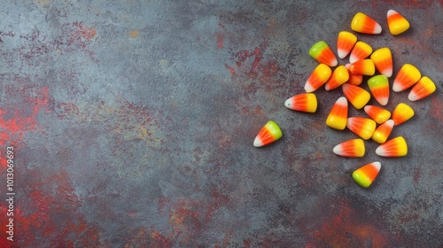 Bunch of candy corn sweets as sybol of Halloween hoiday on textured background with a lot of copy space for text. Flat lay composition for all hallows eve. Top view shot. photo