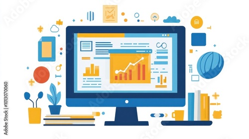 This illustration showcases a computer screen with data visuals, charts, and analytics, emphasizing digital technology and business growth.