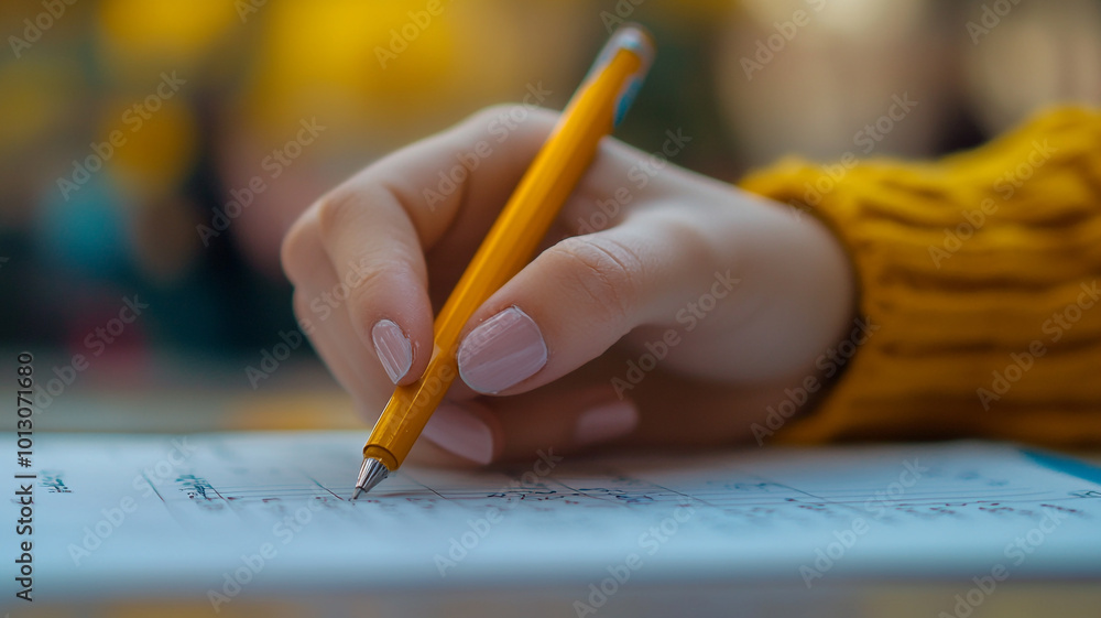 A person writes notes with a pen while sitting at a table in a vibrant, sunny cafe A person writes notes with a pen while sitting at a table in a vibrant, sunny cafe