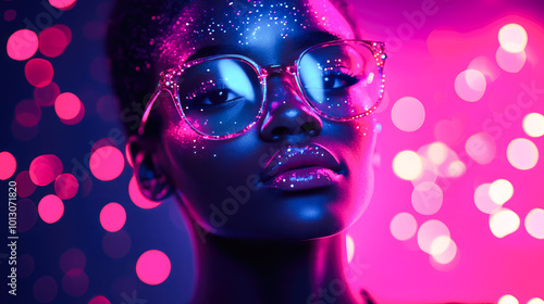 A close-up of a person wearing glasses is illuminated by cosmic dots and vibrant colors, casting an otherworldly glow in the dark.