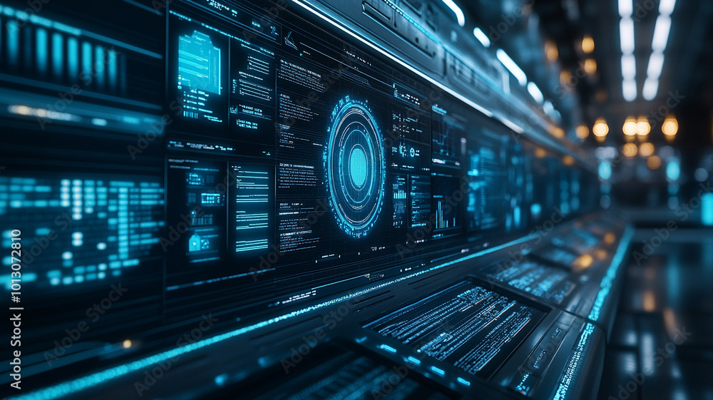 A sophisticated control panel features an array of glowing data displays and holographic interfaces A sophisticated control panel features an array of glowing data displays and holographic interfaces