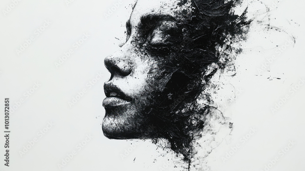 An artistic black and white face blends with abstract patterns, capturing the duality and mystery of emotions. An artistic black and white face blends with abstract patterns, capturing the duality and mystery of emotions.