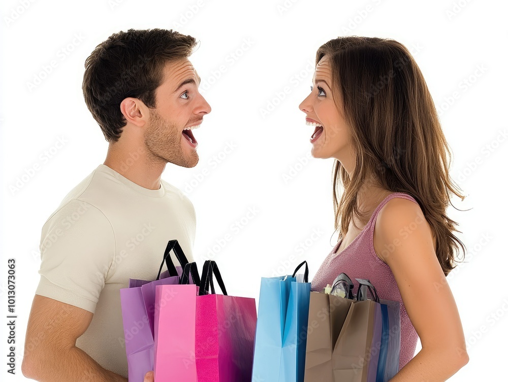 Joyful Couple Sharing a Moment with Shopping Bags Joyful Couple Sharing a Moment with Shopping Bags