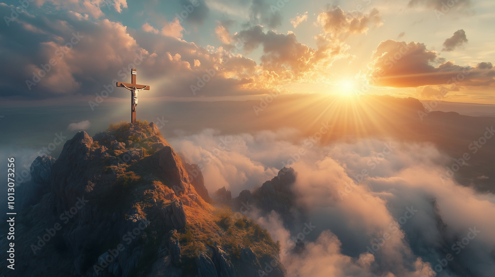 Crucifix at the top of a Mountain with Sunlight Breaking through the Clouds. Inspirational Christian Image.
Crucifix at the top of a Mountain with Sunlight Breaking through the Clouds. Inspirational Christian Image.