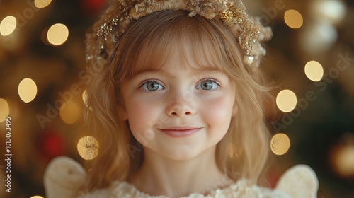 Close up portrait of smiling girl in angel dress on blurred background Happy Christmas