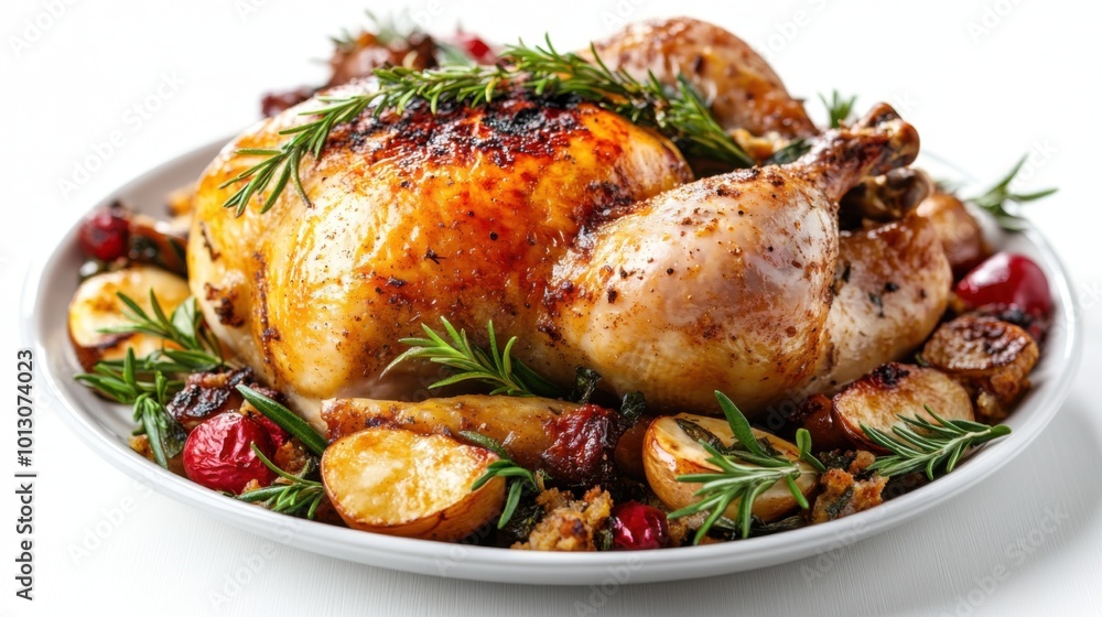 Thanksgiving spiced chicken, zoomed-out view, accompanied by stuffing and greens, white background, copy space for text. Thanksgiving spiced chicken, zoomed-out view, accompanied by stuffing and greens, white background, copy space for text.