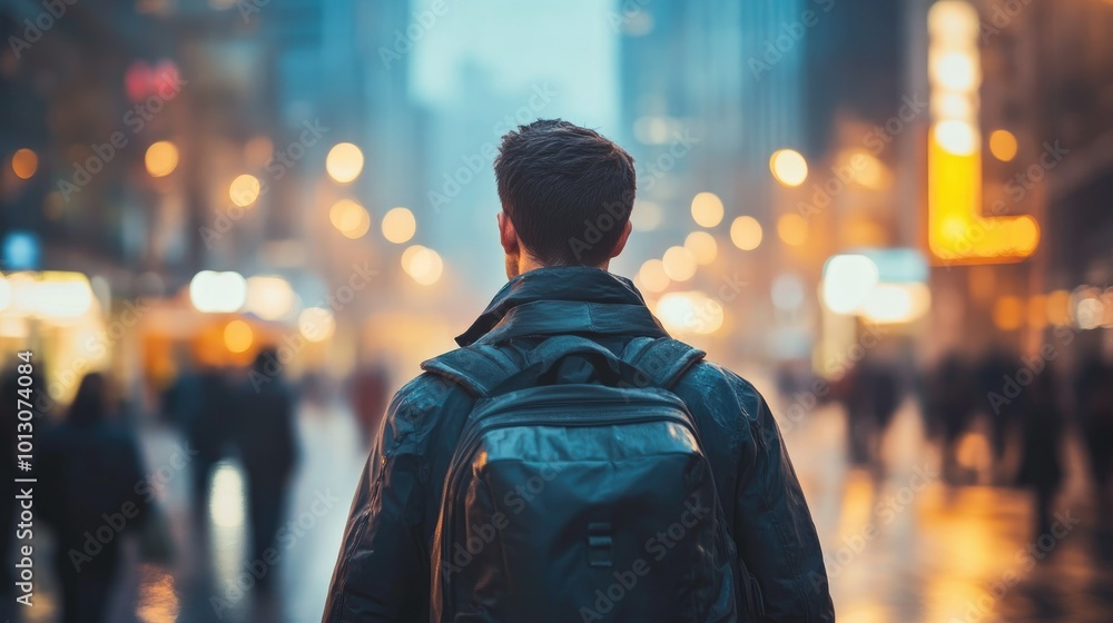 Man Walking Alone on City Street at Dusk Man Walking Alone on City Street at Dusk