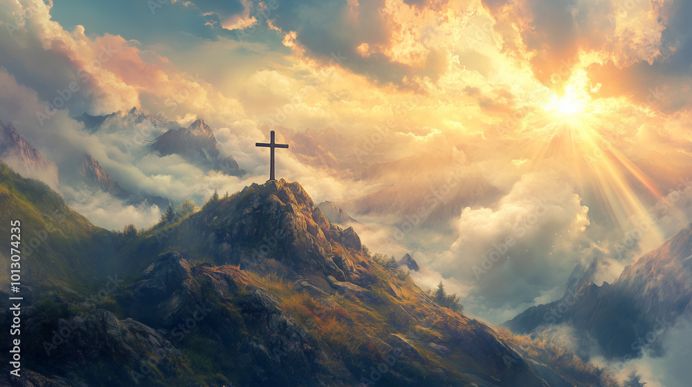 Obraz premium Crucifix at the top of a Mountain with Sunlight Breaking through the Clouds. Inspirational Christian Image. 