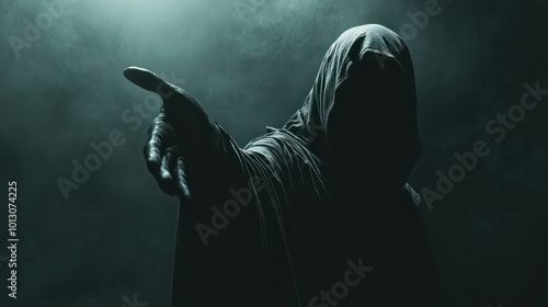 Grim reaper reaching towards the camera over dark background with copy space