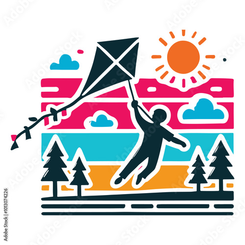 Child Flying a Kite at Sunset vector