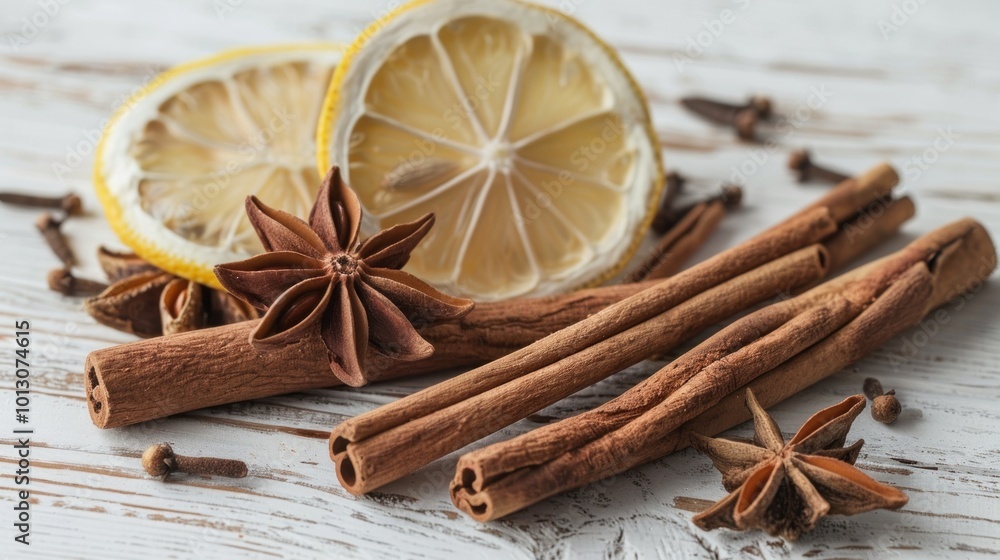 Cinnamon Sticks, Star Anise, and Dried Lemon Cinnamon Sticks, Star Anise, and Dried Lemon