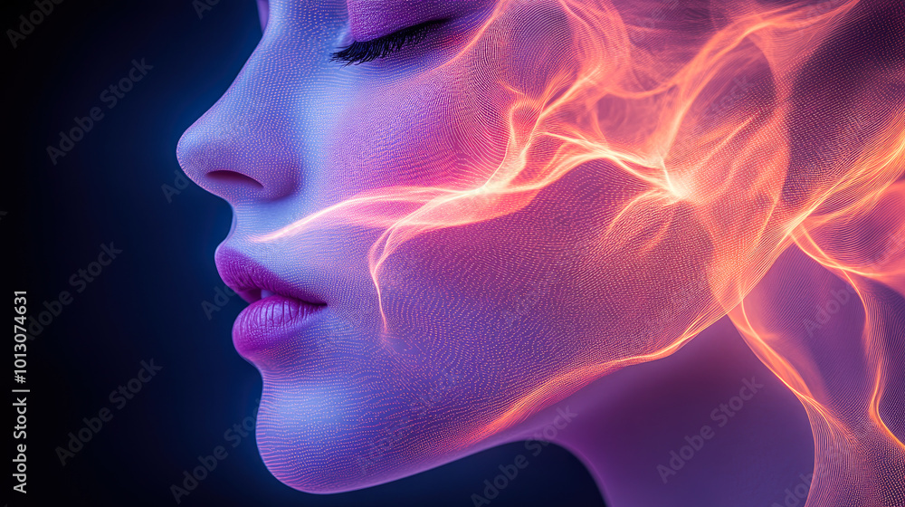 Electric currents traverse a serene face, highlighting the interplay between calmness and powerful energy in digital art. Electric currents traverse a serene face, highlighting the interplay between calmness and powerful energy in digital art.