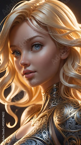 Ethereal portrait of a blonde woman in ornate, glowing armor with delicate features and striking blue eyes photo