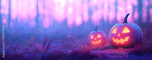 Pastel haunted forest with glowing jack-o'-lanterns, 3D illustration