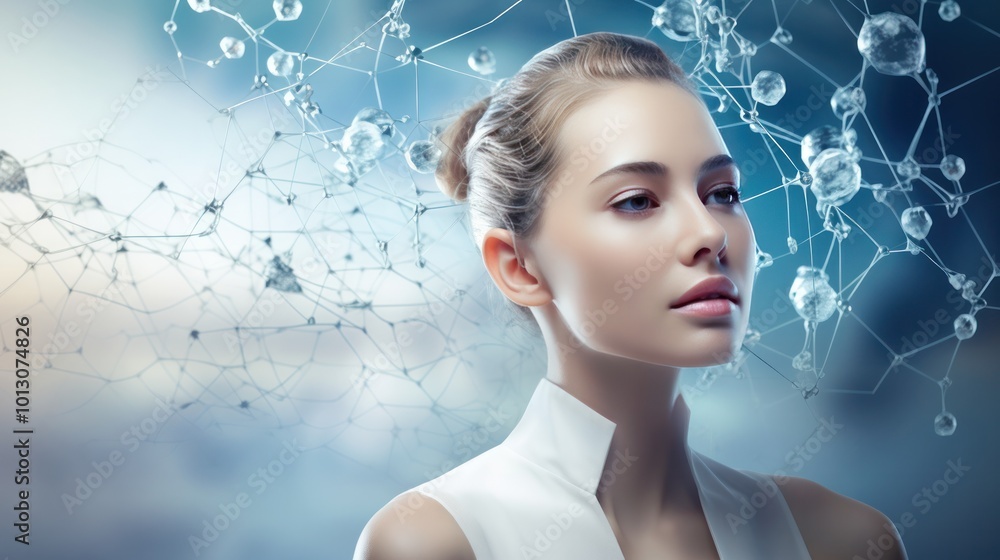 Close-up view of modern cosmetics, elegant young woman's face with nanotechnology cream. Close-up view of modern cosmetics, elegant young woman's face with nanotechnology cream.