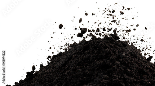 Dirt flying, soil pile scattered isolated on white background