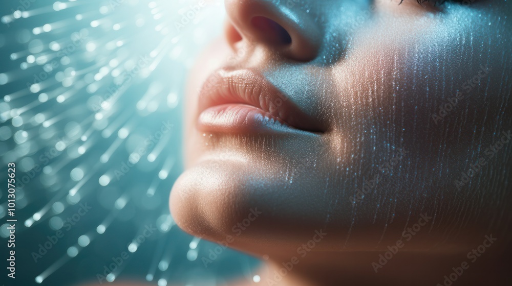 Fototapeta premium Close-up view of modern cosmetics, elegant young woman's face with nanotechnology cream.