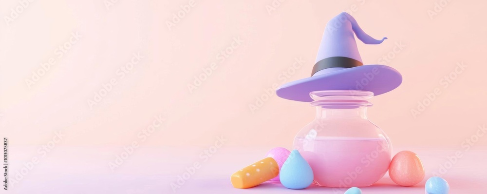 Pastel witch's potion with colorful candy, 3D illustration Pastel witch's potion with colorful candy, 3D illustration