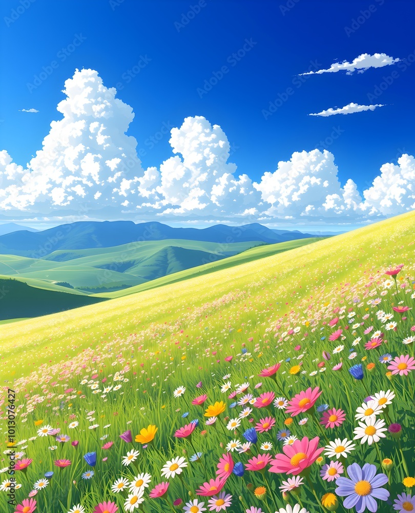 Fototapeta premium Wildflower Meadow, Distant Hills
