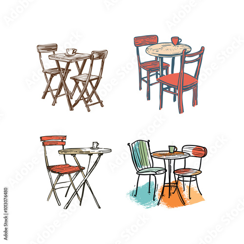 illustration of living room chair and dining table for interior vintage design