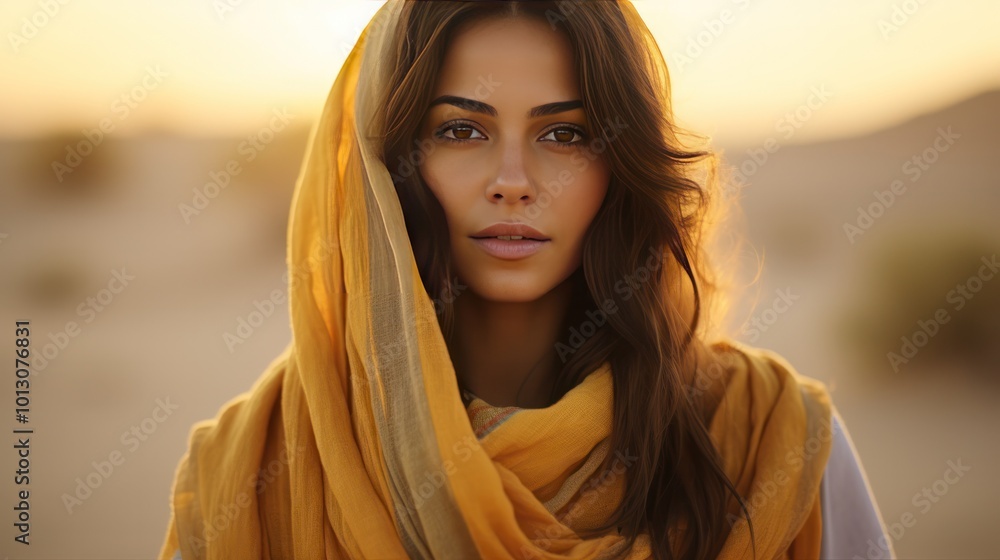 Portrait of a young Arab woman with traditional attire, gazing into the distance on a desert dune, Portrait of a young Arab woman with traditional attire, gazing into the distance on a desert dune,