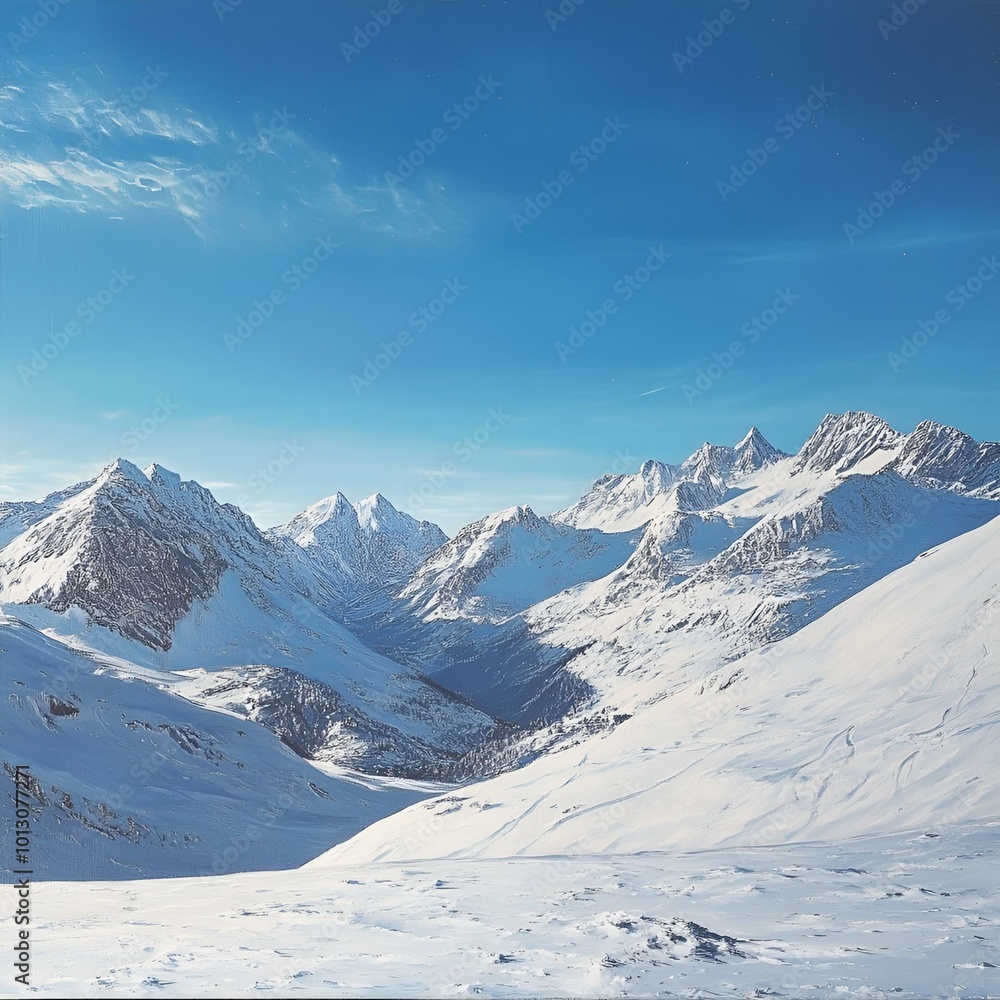 Snow-Covered Alpine Landscape with Majestic Mountain Range and Evergreen Trees Under a Clear Blue Sky, Perfect for Winter Travel and Serene Nature Backgrounds. Snow-Covered Alpine Landscape with Majestic Mountain Range and Evergreen Trees Under a Clear Blue Sky, Perfect for Winter Travel and Serene Nature Backgrounds.