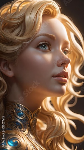 Fantasy portrait of a blonde woman with intricate glowing armor, golden curls, and blue eyes in ethereal light photo