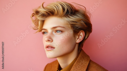 Wallpaper Mural A stylish young person with tousled blonde hair, exuding modern fashion against a minimalistic pink background. Torontodigital.ca