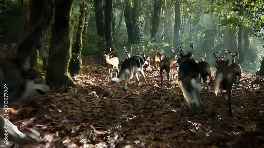 Wolves chasing deer through the forest, Pack of wolves in pursuit of prey in woodland Wolves chasing deer through the forest, Pack of wolves in pursuit of prey in woodland
