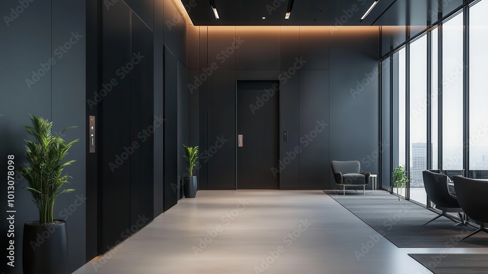 Modern black and classic Elevator doors of office or hotel hallway, Lobby interior, corridor in house with lift,Black elegant lift for passenger or cargo elevators,copy space. Modern black and classic Elevator doors of office or hotel hallway, Lobby interior, corridor in house with lift,Black elegant lift for passenger or cargo elevators,copy space.
