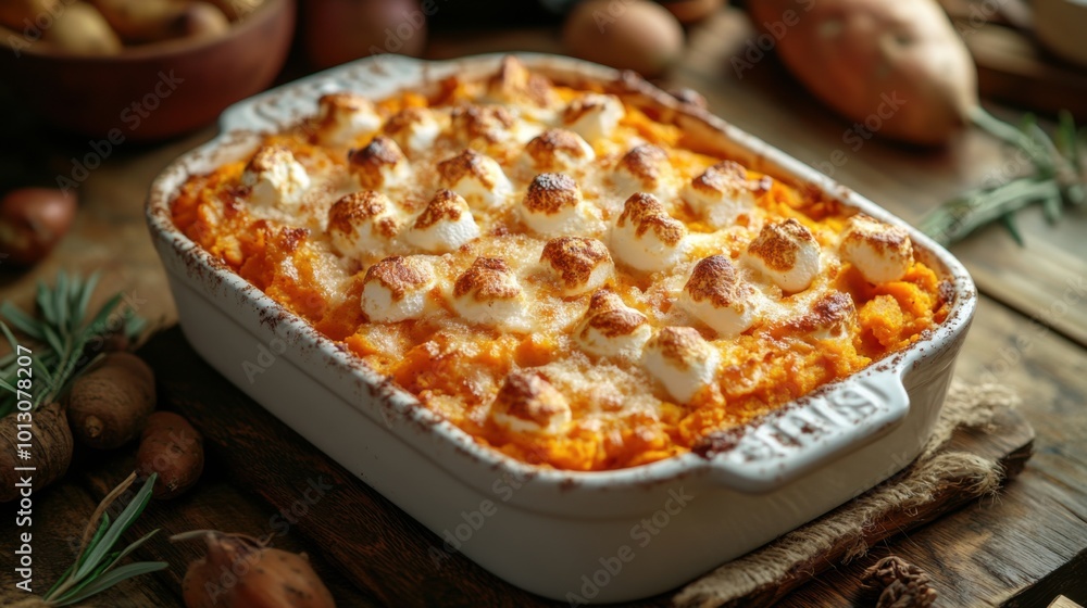 Thanksgiving sweet potato casserole, top view shot with minimal white setting, toasted marshmallow topping, subtle highlights, inviting presentation. Thanksgiving sweet potato casserole, top view shot with minimal white setting, toasted marshmallow topping, subtle highlights, inviting presentation.