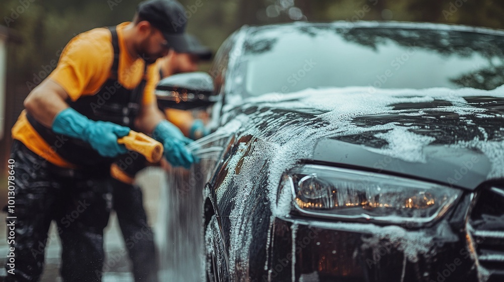 team Worker washing car in the carwash team Worker washing car in the carwash