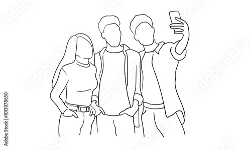 Friends looking at the camera continuous line art drawing isolated on white background. Photoshoot vector illustration