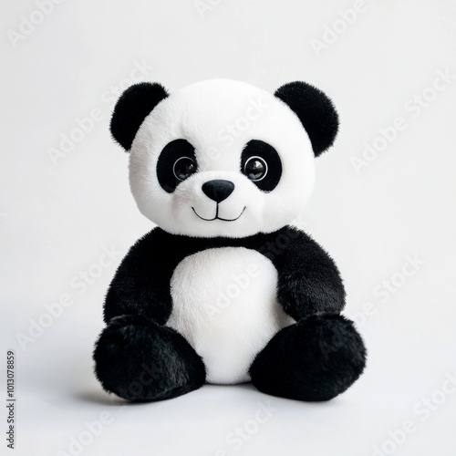 A black and white panda plush toy with big eyes and a smile, sitting against a white background.