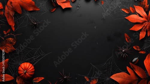 Happy halloween flat lay mockup with spiders, decoration and spider web on black background. Autumn holiday concept composition. Top view with copy space. Generated ai. photo