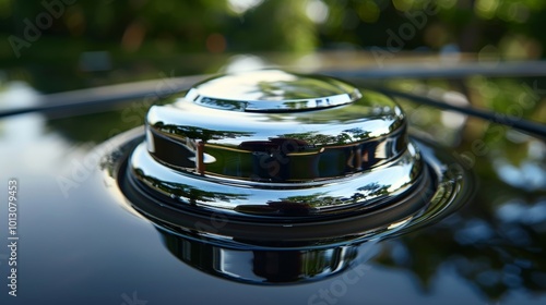 A chromeplated fuel cap with a mirrorlike finish reflecting the surroundings and adding a touch of sophistication and luxury to any vehicle.