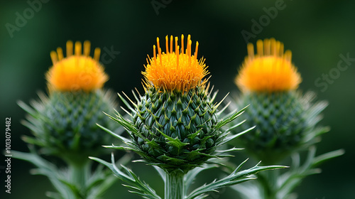 Vibrant golden thistle flowers blooming under natural sunlight in a lush garden setting with blurred green backdrop photo