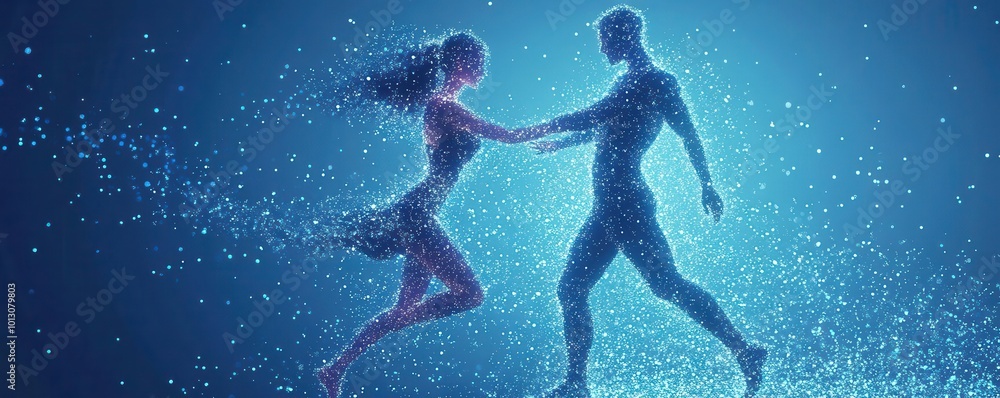 A mesmerizing dance illuminated by blue light, showcasing the elegance and connection between two graceful figures in motion. A mesmerizing dance illuminated by blue light, showcasing the elegance and connection between two graceful figures in motion.