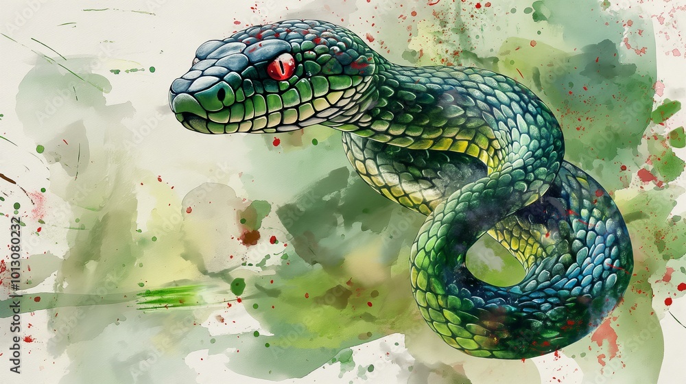 Fototapeta premium Watercolor green snake zodiac symbol 2025 year celebrating the Lunar Chinese New Year illustration