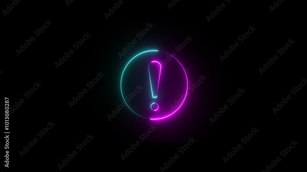 Exclamation mark enclosed by neon circle. Neon circle warning sign icon animation. Neon stop or problem road signs. Exclamation mark enclosed by neon circle. Neon circle warning sign icon animation. Neon stop or problem road signs.