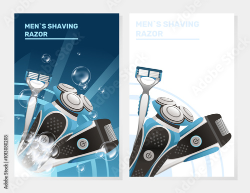 Advertising design for men's shaving razors with modern electric razors featured in a clean blue and white layout. Ideal for promotional materials for grooming products. Vector illustration