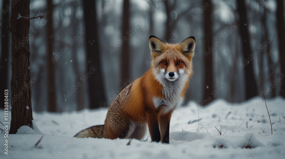 A red fox sits in a snowy forest, looking directly at the camera. A red fox sits in a snowy forest, looking directly at the camera.