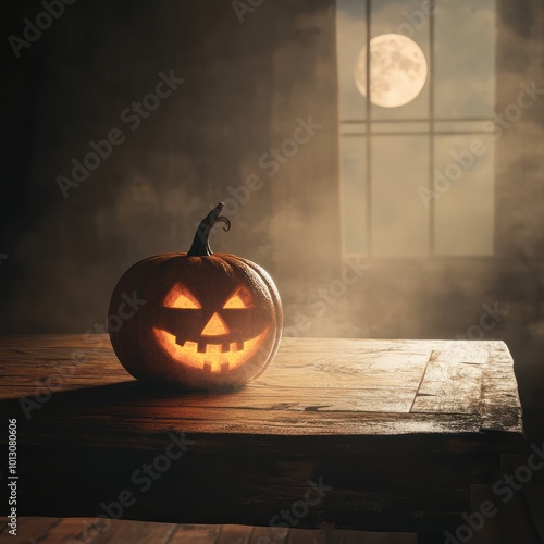 Jack Oâ Lantern On Table In Spooky Night - Halloween With Full Moon photo