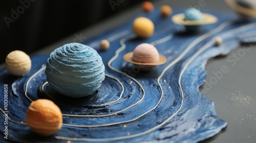 A close-up of a handmade solar system model with planets made of clay and a blue painted background representing space.