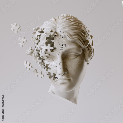 Foto Parts of statue woman face breaking apart like puzzle pieces, symbolizing the complexity of the human mind, identity, and self-awareness
