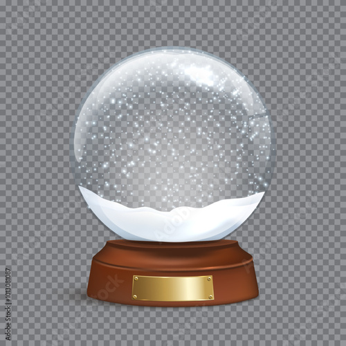 Snow globe template vector illustration. Empty glass snowball with snow and snowflakes on wood base with empty space for lettering. Christmas and New Year design element on transparent background.